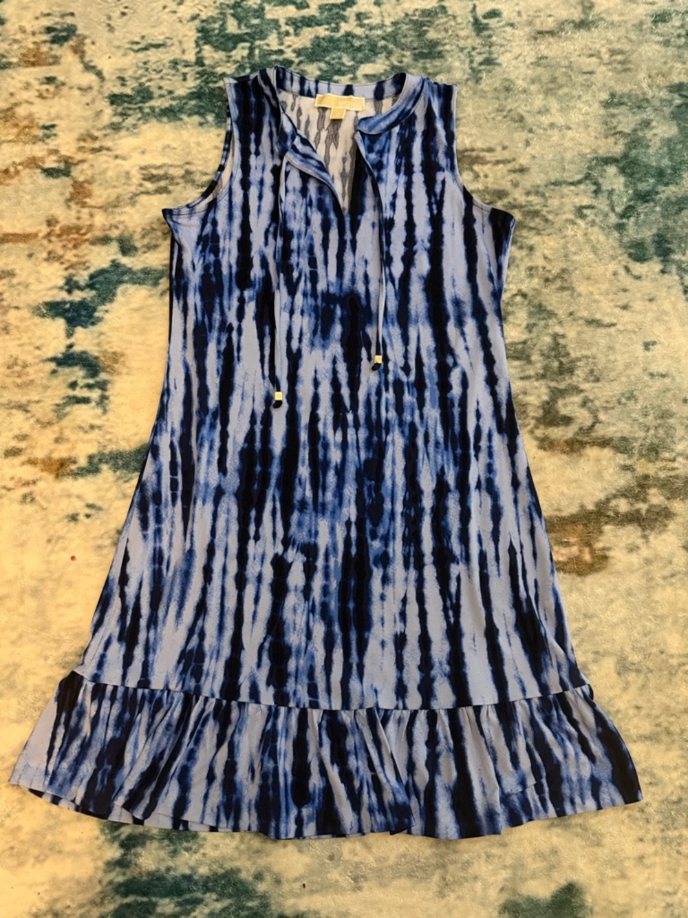 Michael Kors Blue Tie-Dye Sleeveless Shift Dress with Ruffle Hem